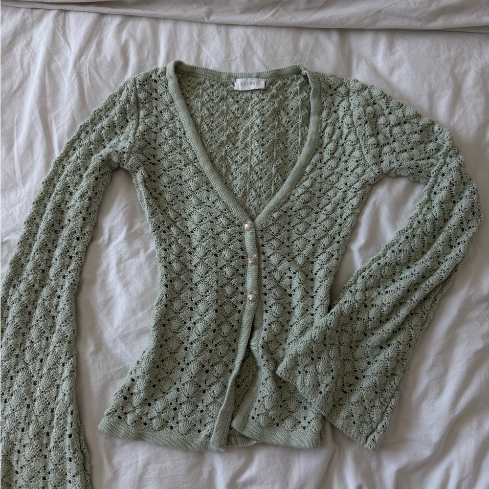 Meshki Sage Green Crochet Knit Button Down Top